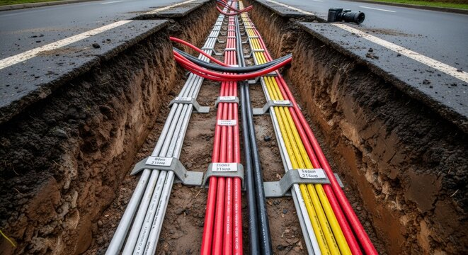 Color-coded underground electrical conduit and cabling installed in a prepared trench