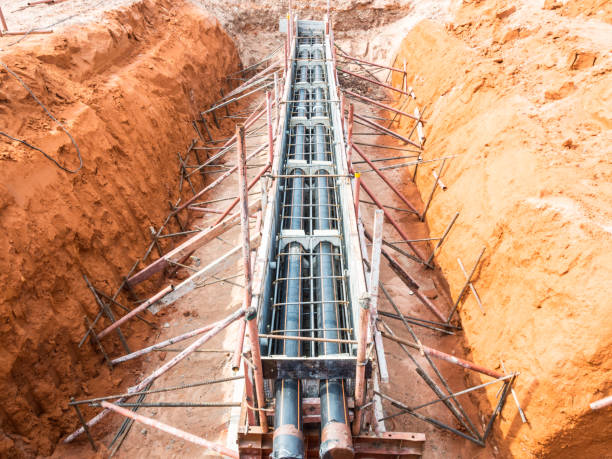 Large-scale underground conduit and utility trenching supported by bracing